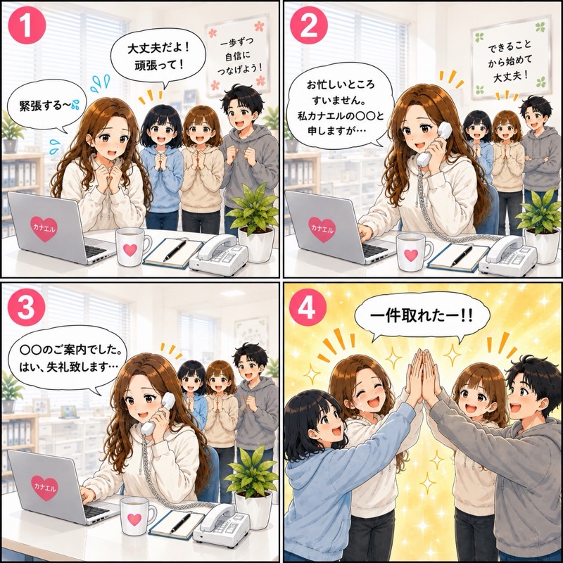 カナエル4コマ「一件取れたーー！！みんなで喜ぶテレアポ成功」
