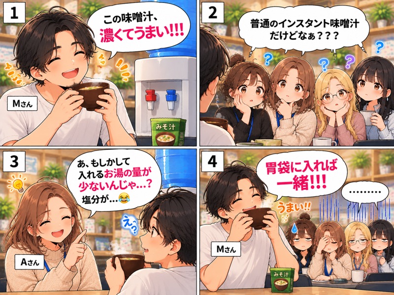 4コマ漫画「その味噌汁、濃さのヒミツはまさかの…！？」