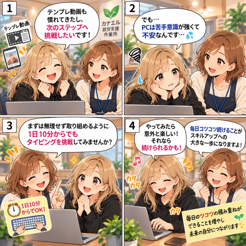 4コマ漫画「1日10分から！小さな積み重ねが未来を変える」